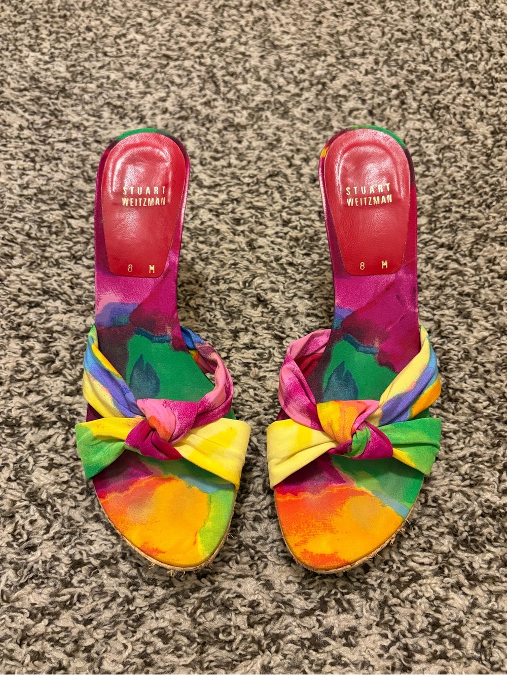 Stuart Weitzman Multicolor Knot-Front Slide Sandals - Pink Green Yellow - Picture 1 of 7